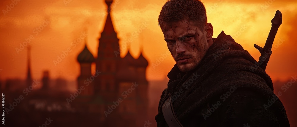 A man, bloodied, wields a knife before an imposing castle facade A man, bloodied, wields a knife before an imposing castle facade