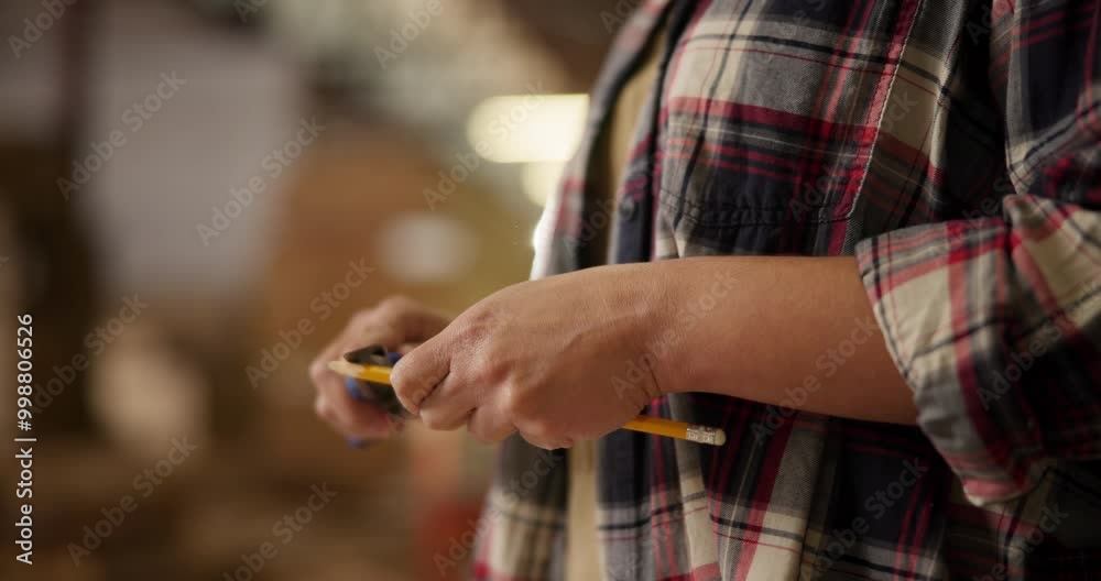 Carpenter, hands and pencil with sharpening for construction, furniture or project. Closeup of person cutting wood with tools in a creative carpentry workshop for manufacturing, art and craft Carpenter, hands and pencil with sharpening for construction, furniture or project. Closeup of person cutting wood with tools in a creative carpentry workshop for manufacturing, art and craft