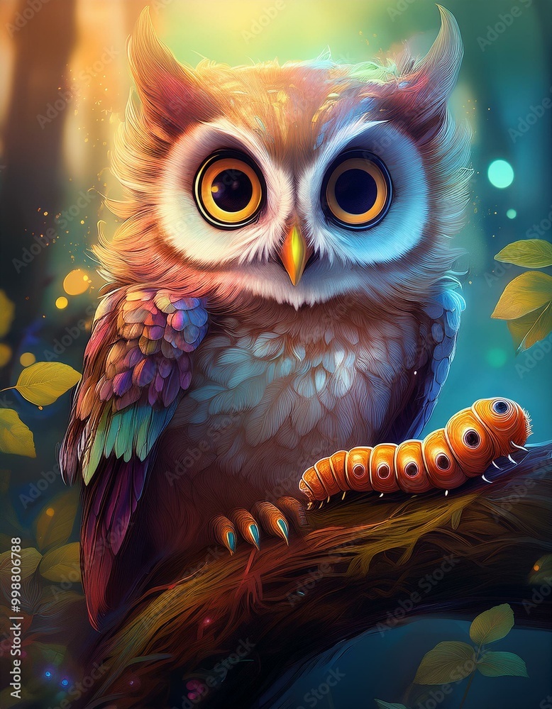 Colorful Owl Perched on Branch with Caterpillar in Enchanted Forest Colorful Owl Perched on Branch with Caterpillar in Enchanted Forest
