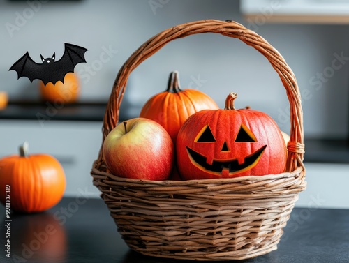 Wallpaper Mural Halloween basket with pumpkin apples and bat on counter closeup Torontodigital.ca