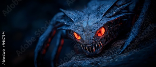  A tight shot of a dragon's face, eyes radiating red, in a dim room against a dark backdrop photo