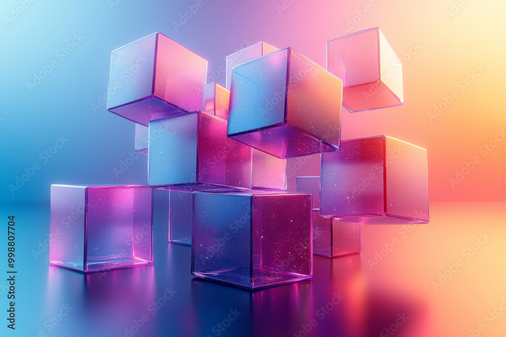 A dynamic 3D arrangement of glowing cubes, floating in a gradient of purple and blue, A dynamic 3D arrangement of glowing cubes, floating in a gradient of purple and blue,