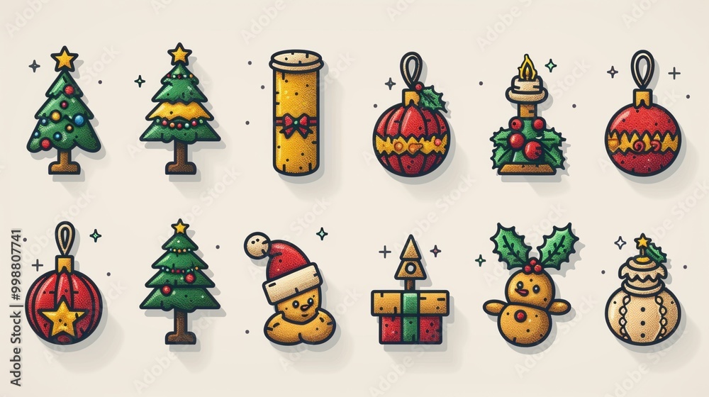 Fototapeta premium Colorful Christmas ornaments and decorations in a whimsical style.