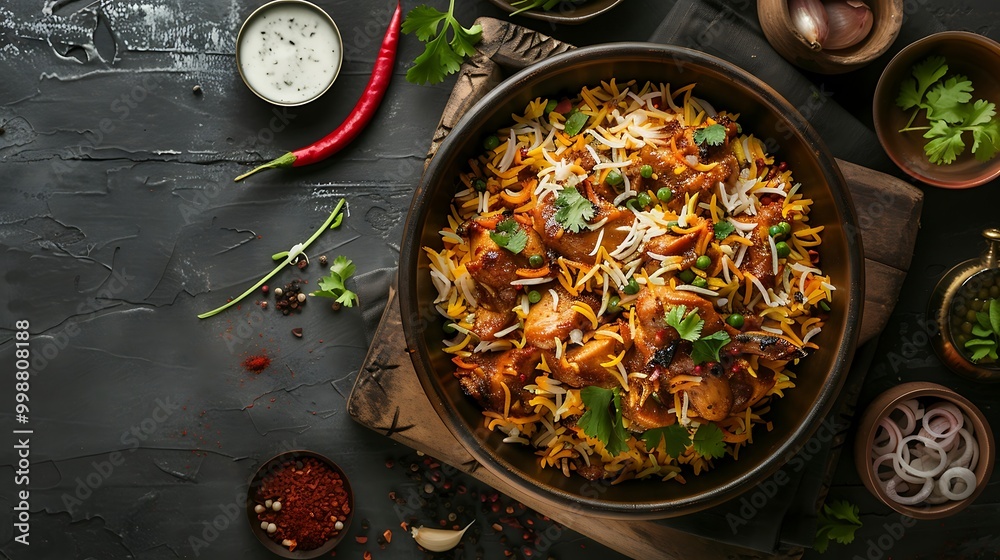 Frying pan with tasty chicken pilaf on dark background, top view Frying pan with tasty chicken pilaf on dark background, top view