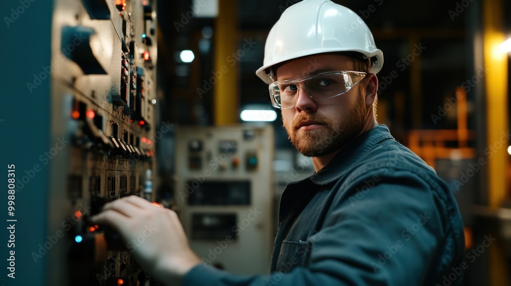 Focused Worker at Control Panel in Industrial Setting Focused Worker at Control Panel in Industrial Setting