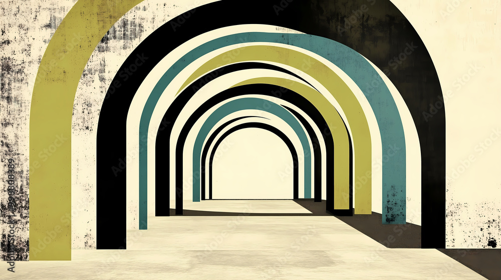 Fototapeta premium A passageway of continuous arches in a flat design and screenprint-style crossover; architectural design aesthetic background