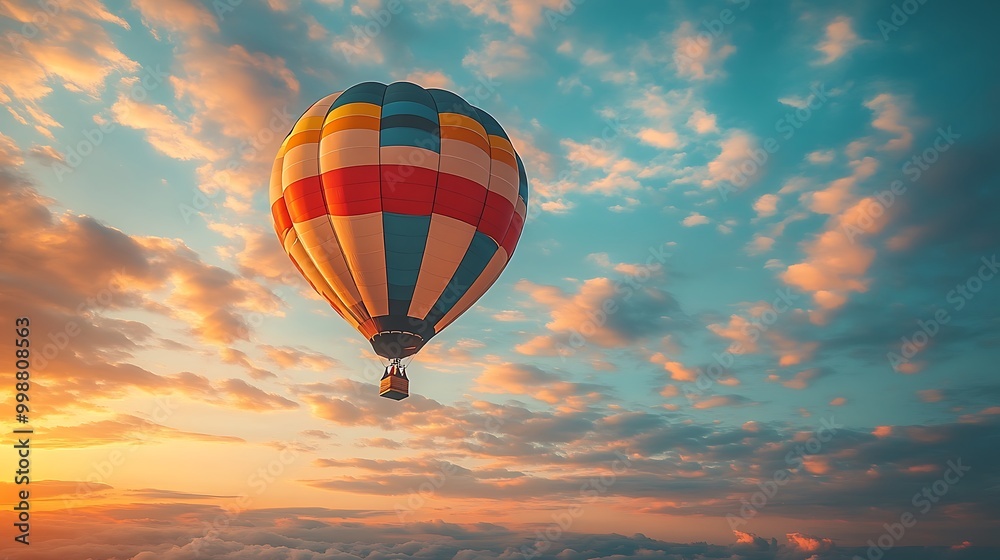 Fototapeta premium Colorful hot air balloon flying in a blue sky with clouds during sunset.