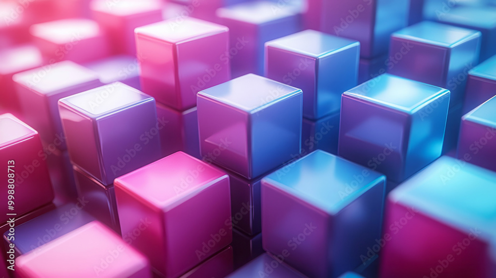 Floating cubes forming a surreal 3D pattern, transitioning between vibrant shades of blue and purple, Floating cubes forming a surreal 3D pattern, transitioning between vibrant shades of blue and purple,
