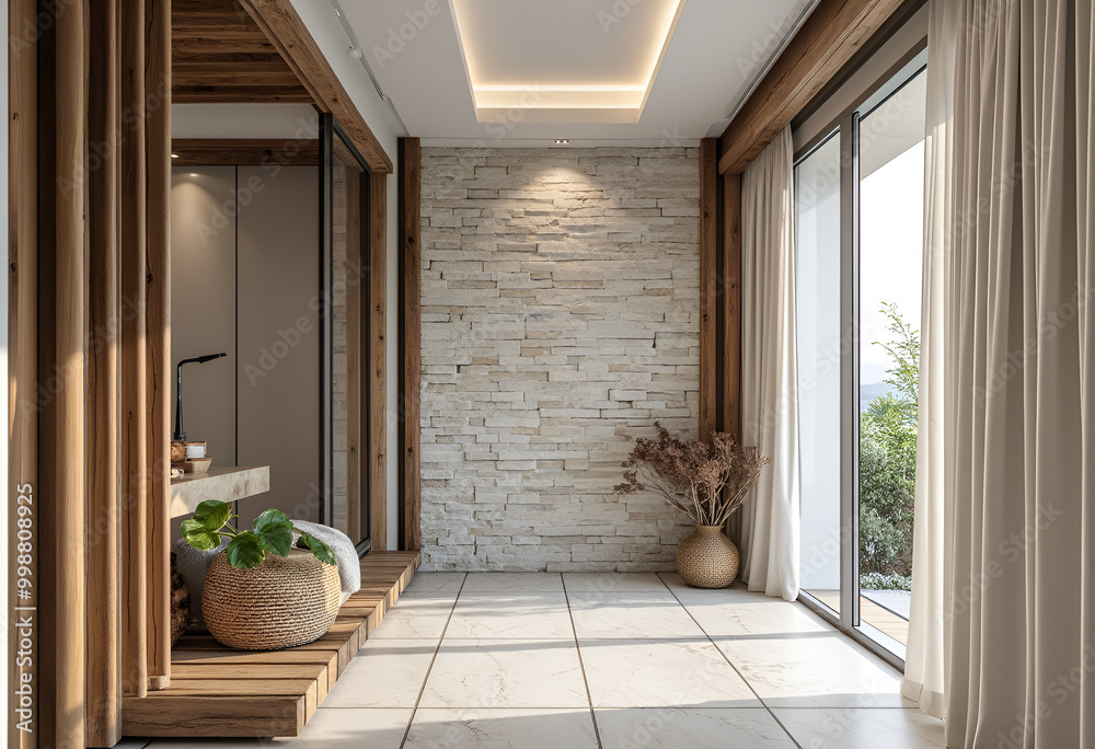 Coastal interior design of modern entrance hall with stone tiles wall and wooden rustic elements. Coastal interior design of modern entrance hall with stone tiles wall and wooden rustic elements.