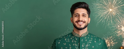 A smiling man in a green diwali traditional outfit stands against a matching backdrop, surrounded by festive sparkles.