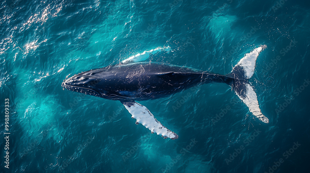 Fototapeta premium Aerial view of a whale gliding gracefully through the ocean, surrounded by swirling blue waters. 