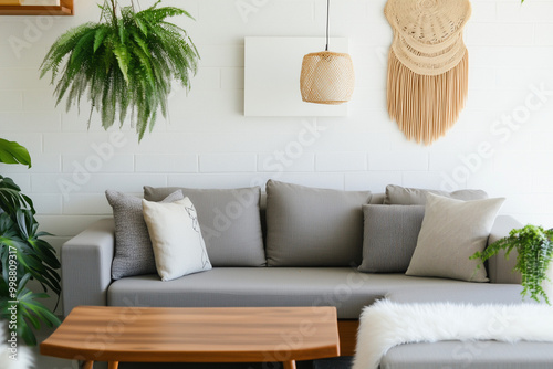 A beautifully arranged home decor setup featuring stylish furniture, plants, and art pieces that create a cozy and inviting atmosphere