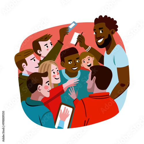 A sportsman giving autograph to his fans, flat illustration 
