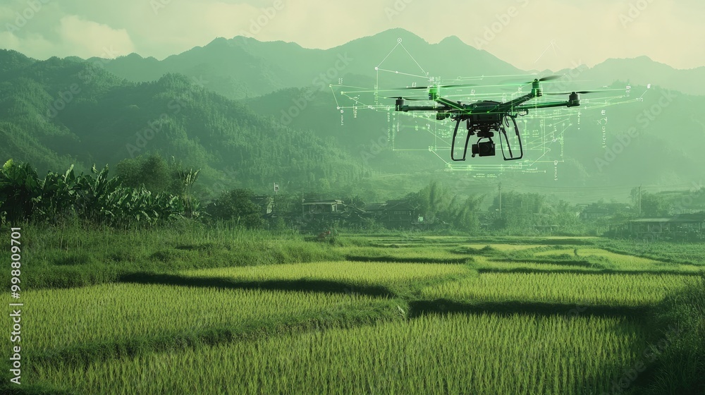 Fototapeta premium Drone flying over green rice paddy fields with mountains in the background, representing modern agricultural technology.