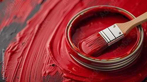 Banner with open can of paint with brushe on them on bright symmetry background. Top view lay flat paint brush laying on paint can