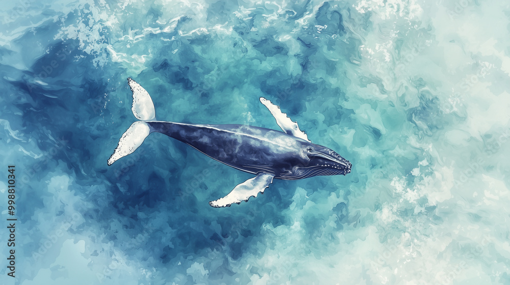 Naklejka premium Aerial view of a whale gliding gracefully through the ocean, surrounded by swirling blue waters.