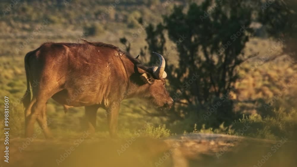 A lone buffalo walking through bush in South Africa A lone buffalo walking through bush in South Africa