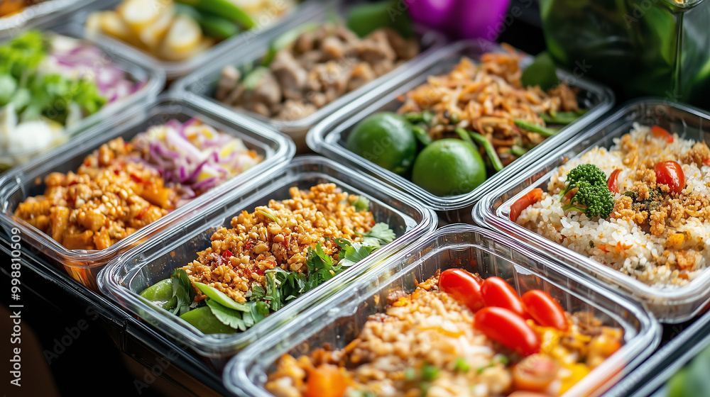 Nowoczesne tajskie pudełka obiadowe w plastikowych opakowaniach kuszą intensywnymi kolorami i apetycznymi aromatami. Nowoczesne tajskie pudełka obiadowe w plastikowych opakowaniach kuszą intensywnymi kolorami i apetycznymi aromatami.