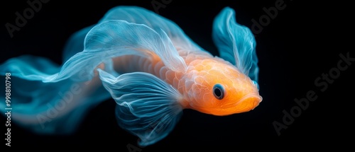  A goldfish's head in tight focus against a black backdrop, illuminated by a soft, blurred light above