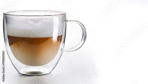 Unbreakable insulated Double Walled Borosilicate Glass Coffee Mug keeps liquid hot longer while the exterior wall stays cool for hand safe touch. Isolated on white background with copy space