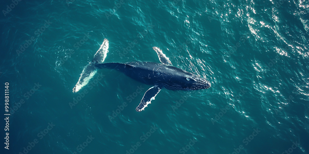 Fototapeta premium Aerial view of a whale swimming through crystal clear ocean waters