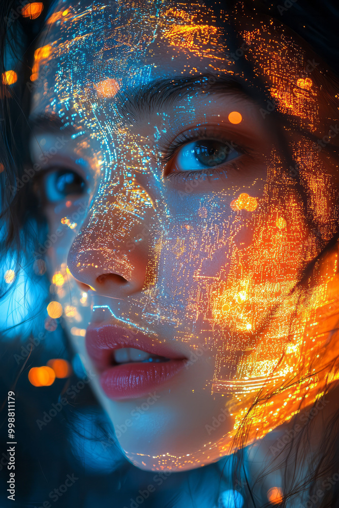 A holographic globe glowing in front of a woman’s face, A holographic globe glowing in front of a woman’s face,