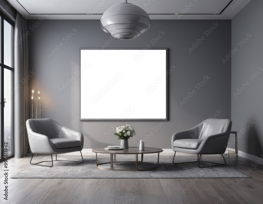 Mockup room for poster or painting in hi-tech interior, Photo Frame Mockup, gray colors Mockup room for poster or painting in hi-tech interior, Photo Frame Mockup, gray colors