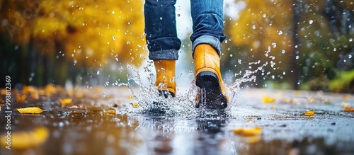 Yellow Boots Splashing in Puddle