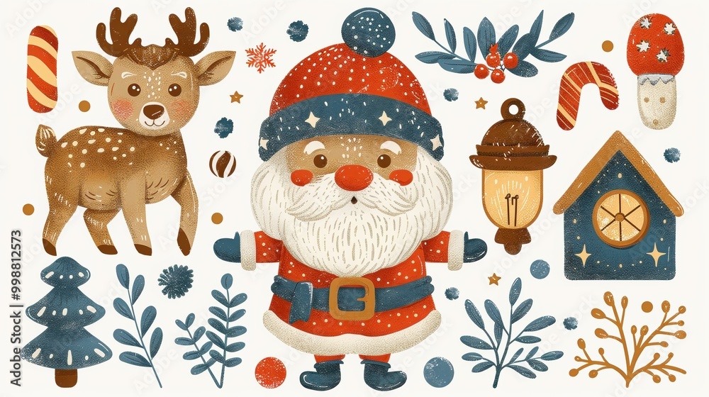 A charming illustration featuring a jolly Santa Claus and a friendly deer in a festive winter scene. A charming illustration featuring a jolly Santa Claus and a friendly deer in a festive winter scene.