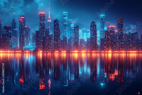 A city skyline at night with bright lights, symbolizing urban life and the energy of big cities. #998812769