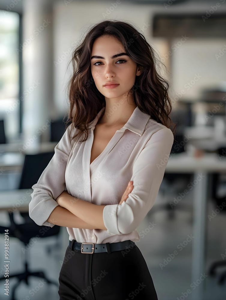 młoda kobieta, profesjonalna, biznes, skrzyżowane ręce, pewność siebie, biuro, nowoczesne, smart-casual, korporacyjny, oświetlenie naturalne, elegancka, technologia, komputery, biurka, współczesne biu