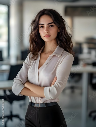 Obraz na płótnie młoda kobieta, profesjonalna, biznes, skrzyżowane ręce, pewność siebie, biuro, nowoczesne, smart-casual, korporacyjny, oświetlenie naturalne, elegancka, technologia, komputery, biurka, współczesne biu w salonie