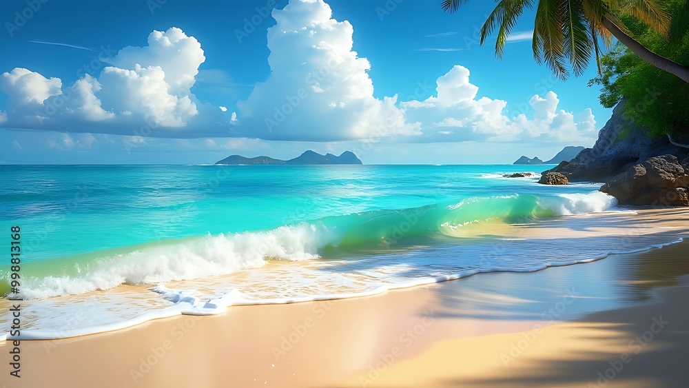 Fototapeta premium Beautiful tropical beach banner. White sand and coco palms travel tourism wide panorama background concept. Amazing beach landscape, Beautiful sunrise over the sea.