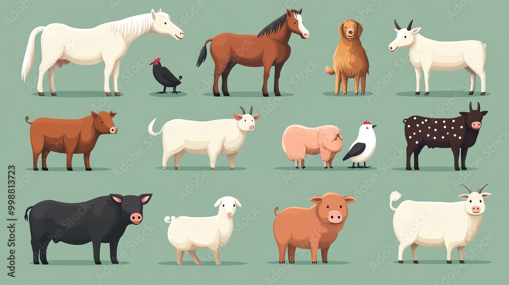 Obraz premium Collection of domestic farm animals including a horse, cow, goat, pig, hen, and shepherd dog in flat style, Farm Animal Set, Rural fauna