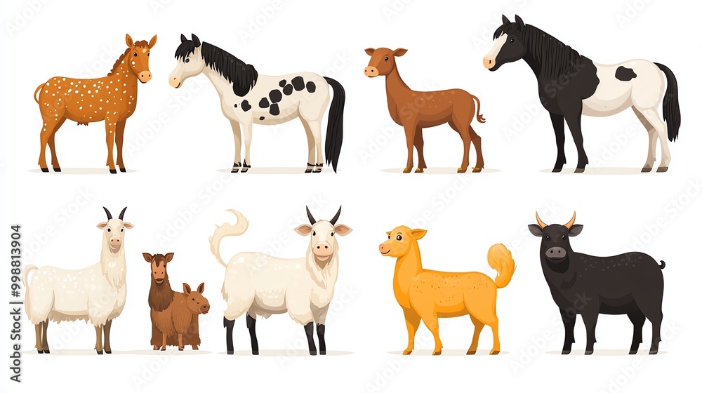 Obraz premium Collection of farm animals such as a horse, cow, pig, goat, hen, and dog, illustrated in flat style on a white background, Farm Animals, Rural countryside fauna