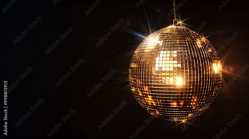 Obraz premium An isolated golden, shiny glitter ball on a black background, copy space for text