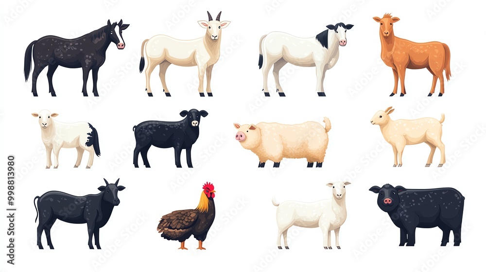 Flat farm animal set with horse, cow, sheep, goat, pig, chickens, rabbits, and a dog isolated on white, Farm Animals, Rural domestic livestock Flat farm animal set with horse, cow, sheep, goat, pig, chickens, rabbits, and a dog isolated on white, Farm Animals, Rural domestic livestock