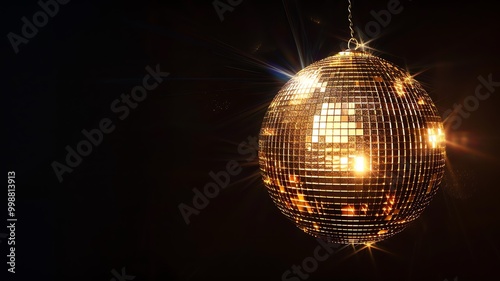 An isolated golden, shiny glitter ball on a black background, copy space for text