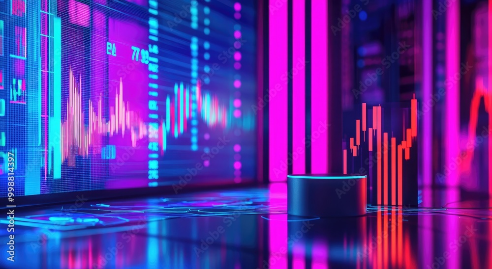 Fototapeta premium A futuristic room with glowing neon lights, displaying various charts and graphs on a large screen.