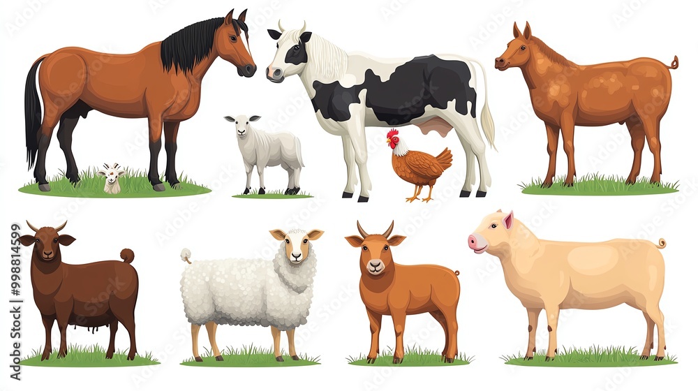 Set of rural animals including a horse, cow, sheep, goat, pig, hen, and dog in flat style on a white background, Farm Animals Collection, Countryside fauna Set of rural animals including a horse, cow, sheep, goat, pig, hen, and dog in flat style on a white background, Farm Animals Collection, Countryside fauna