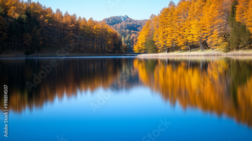 Reflection of autumn trees in a calm lake, mirror-like water capturing the vivid colors, serene atmosphere, autumn landscape, fall foliage, lake, reflection