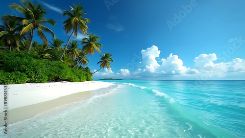 Beautiful tropical beach banner. White sand and coco palms travel tourism wide panorama background concept. Amazing beach landscape, Beautiful sunrise over the sea. photo