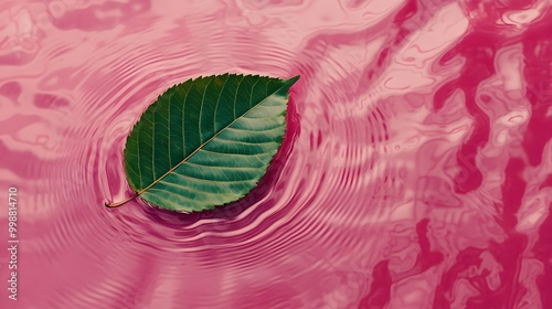 Tree Leaf Floating on Pink Water, Photo Realistic, Pattern Background, Wallpaper, Cover and Screen for Smartphone, PC, Laptop, 9:16 and 16:9 Format