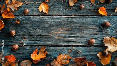 A texture showcasing the grain of aged, rustic wood scattered with acorns, dried leaves, and twigs. These natural elements evoke a cozy autumn vibe, perfect for seasonal decor and rustic backgrounds.