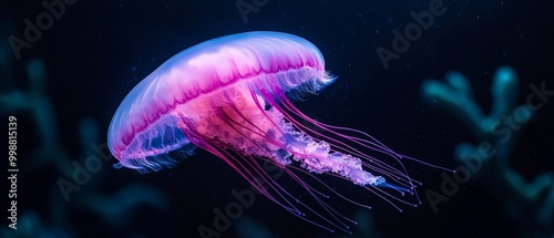  A jellyfish floats in the water, displaying pink and blue hues on its underside, specifically on its bell-shaped body and trailing edges of its leg-like appendages photo