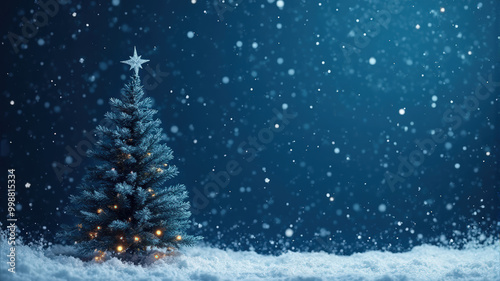 Snowy nighttime with a decorated Christmas tree shining bright