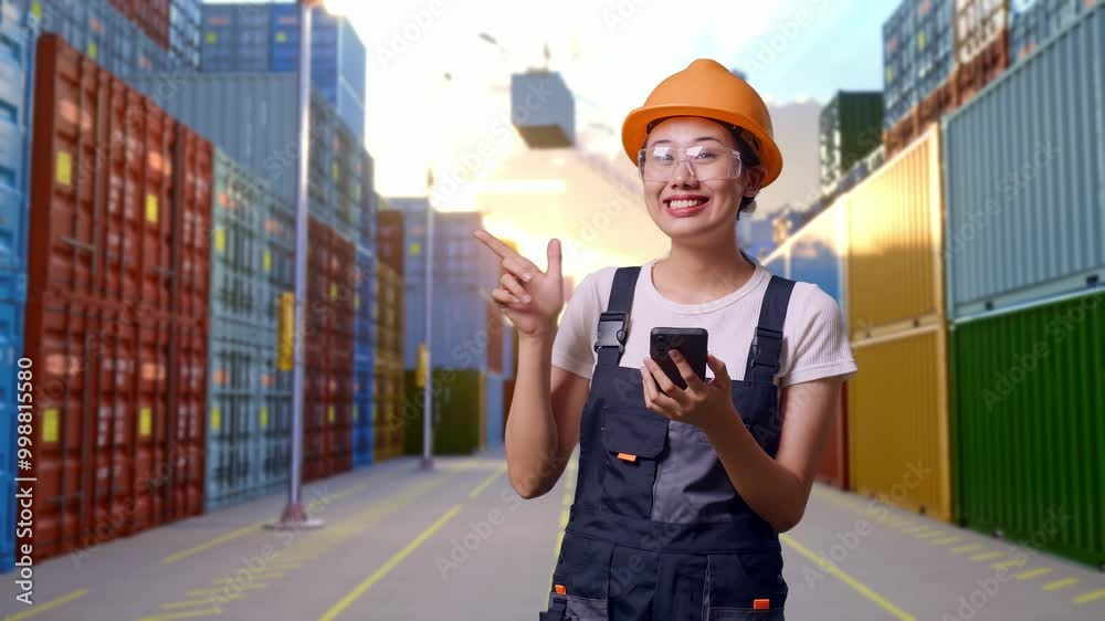 Asian Woman Worker Wearing Goggles And Safety Helmet Using Smartphone And Pointing To Side While Standing At Container Yard Warehouse Asian Woman Worker Wearing Goggles And Safety Helmet Using Smartphone And Pointing To Side While Standing At Container Yard Warehouse