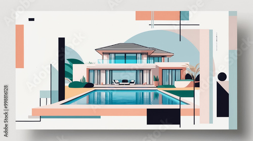 Beautiful villa design with pool, flat illustration