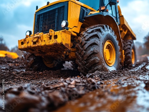 A construction vehicle navigates through muddy terrain at a busy worksite