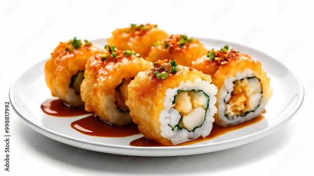 Delicious sushi rolls with tempura and sauce ready to be savored Delicious sushi rolls with tempura and sauce ready to be savored